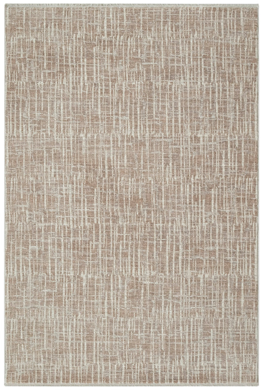 Beige rectangular area rug with ivory linear grid pattern and soft, textured finish.