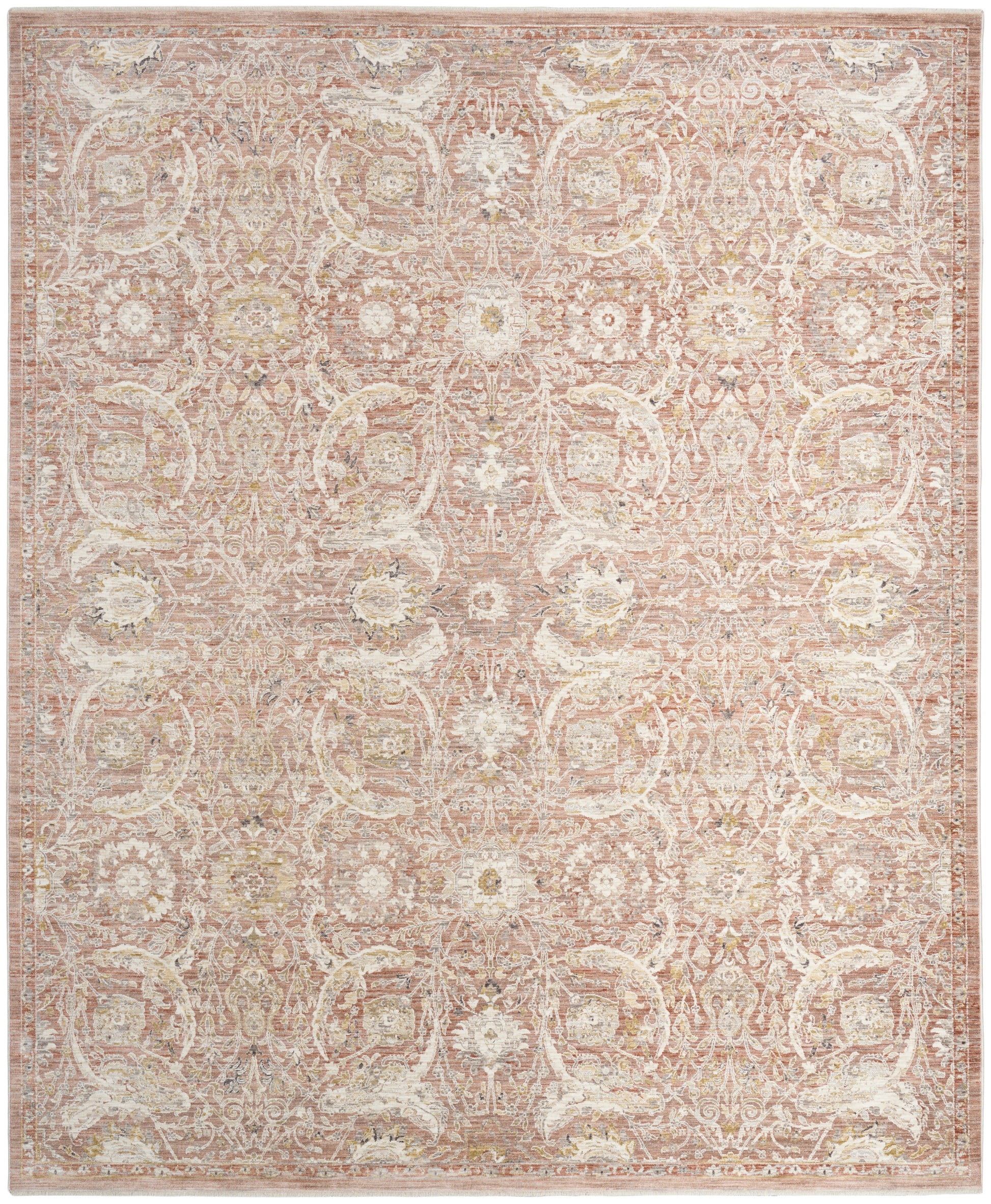 Rectangular vintage-style oriental area rug in ivory and blush beige, 5' x 8', with a distressed floral medallion pattern.