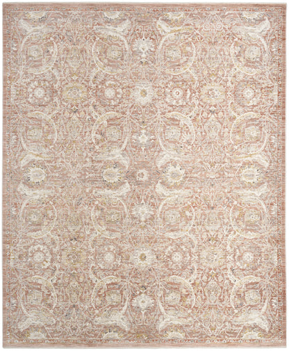 Rectangular vintage-style oriental area rug in ivory and blush beige, 5' x 8', with a distressed floral medallion pattern.