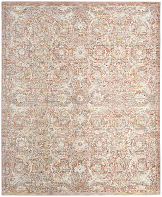 Rectangular vintage-style oriental area rug in ivory and blush beige, 5' x 8', with a distressed floral medallion pattern.