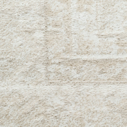 Cream beige shag rug with dense, fluffy pile; plush, cozy floor covering.