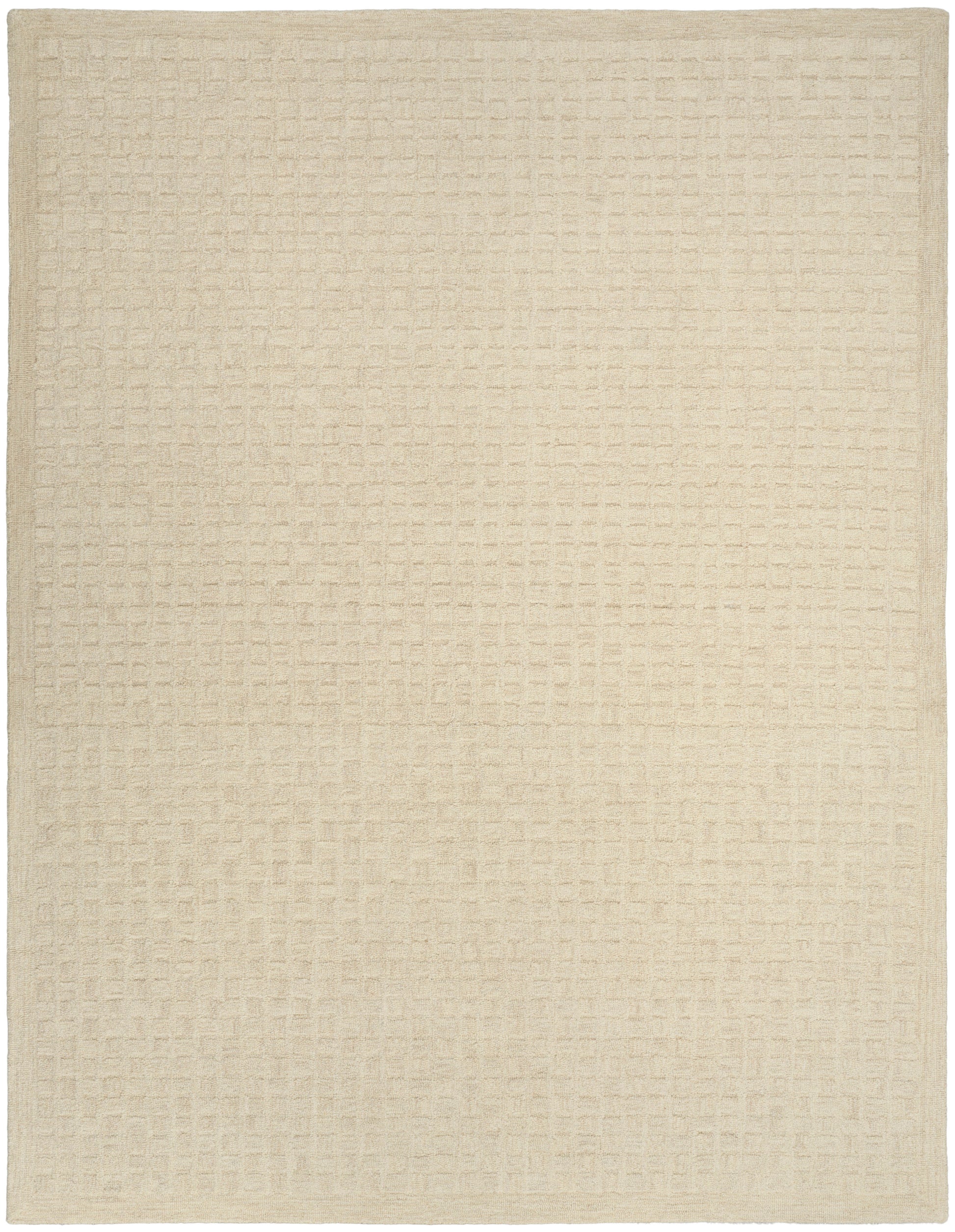 Beige rectangular rug with a subtle waffle-textured grid; neutral woven area rug for living room.