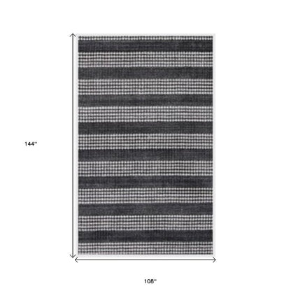 9' X 12' Black And White Striped Hand Loomed Area Rug