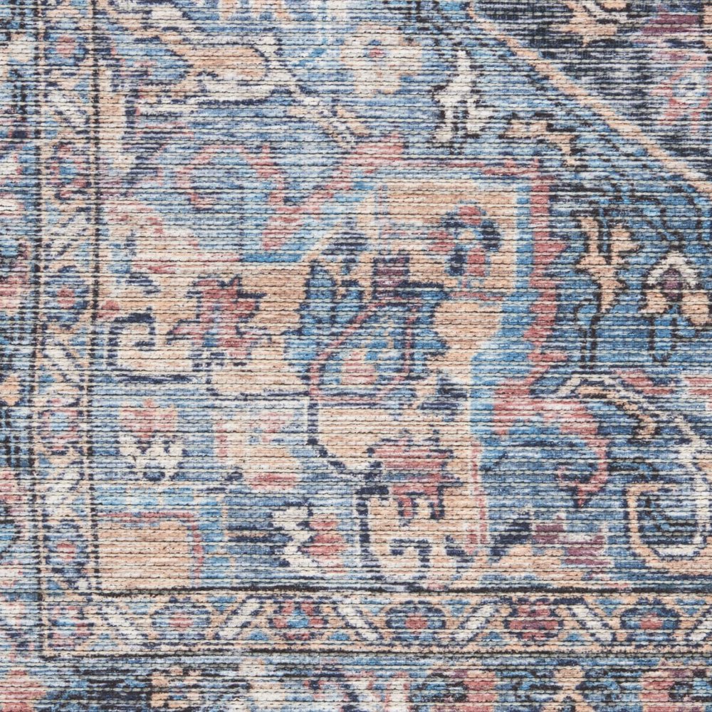 6' X 9' Light Blue And Orange Medallion Distressed Washable Area Rug