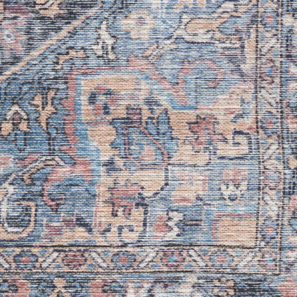6' X 9' Light Blue And Orange Medallion Distressed Washable Area Rug