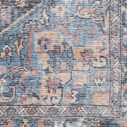 6' X 9' Light Blue And Orange Medallion Distressed Washable Area Rug