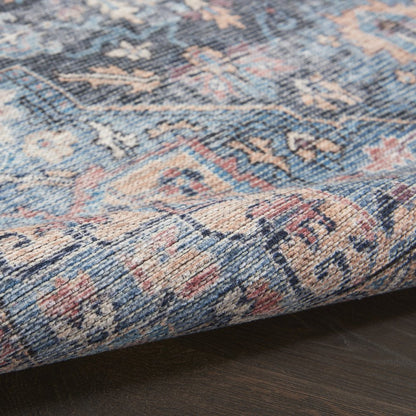 6' X 9' Light Blue And Orange Medallion Distressed Washable Area Rug