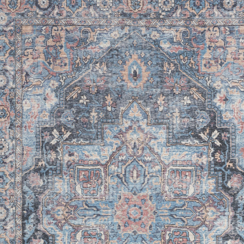 6' X 9' Light Blue And Orange Medallion Distressed Washable Area Rug