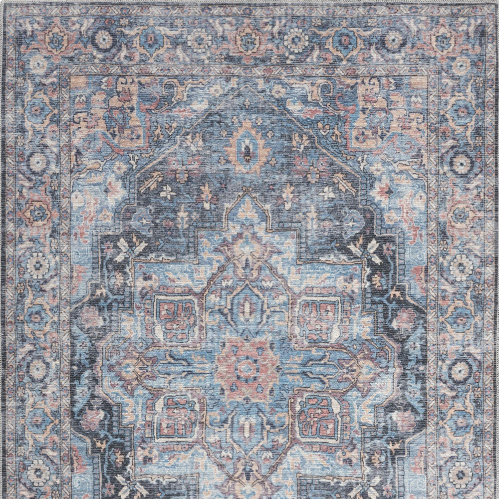 6' X 9' Light Blue And Orange Medallion Distressed Washable Area Rug