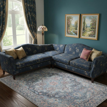 6' X 9' Light Blue And Orange Medallion Distressed Washable Area Rug