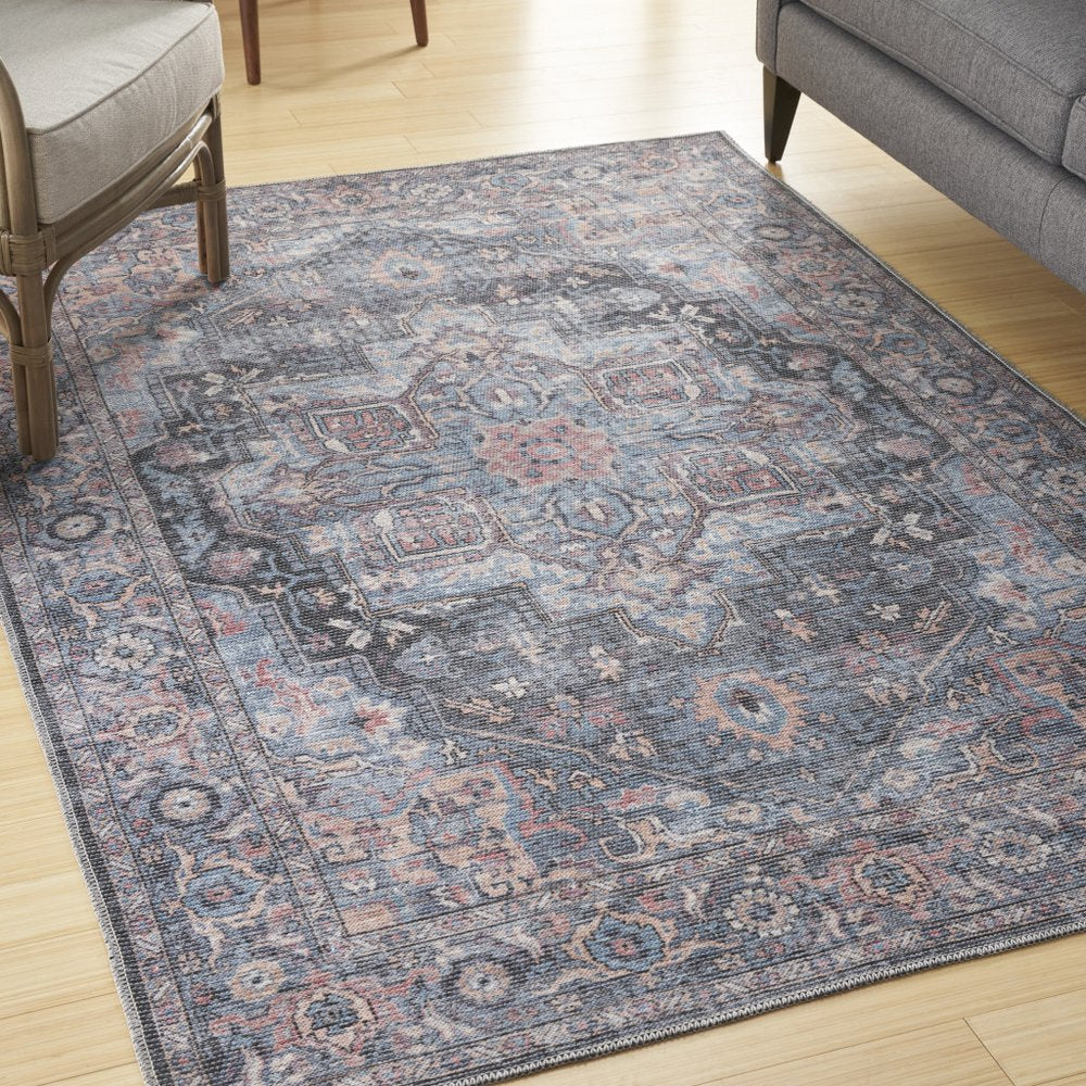 6' X 9' Light Blue And Orange Medallion Distressed Washable Area Rug
