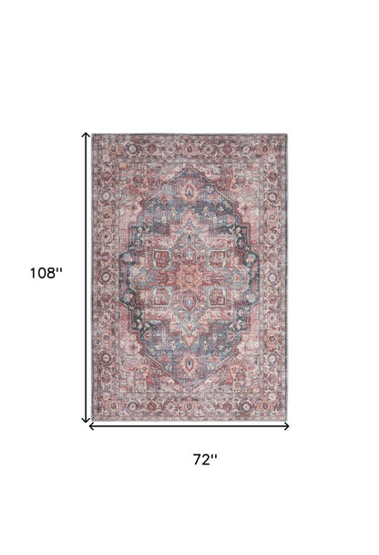 6' X 9' Blue And Pink Medallion Distressed Washable Area Rug