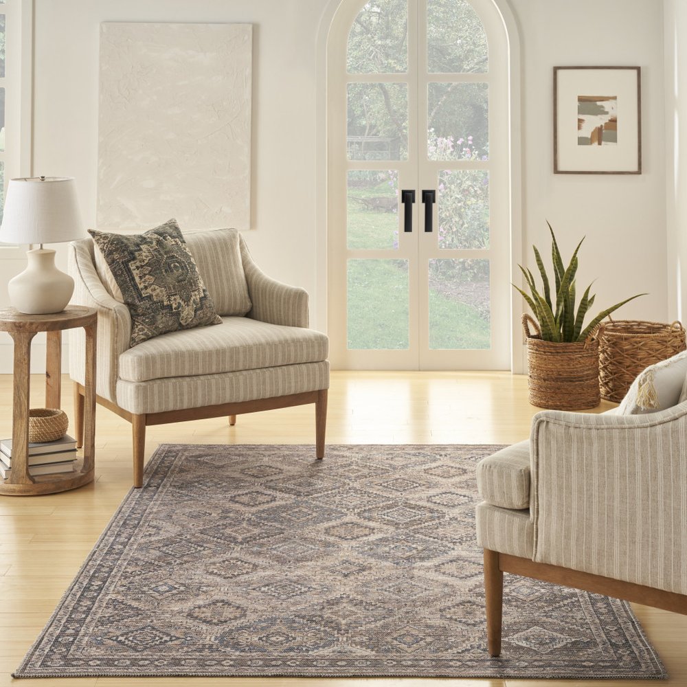 6' X 9' Ivory And Latte Medallion Distressed Washable Area Rug