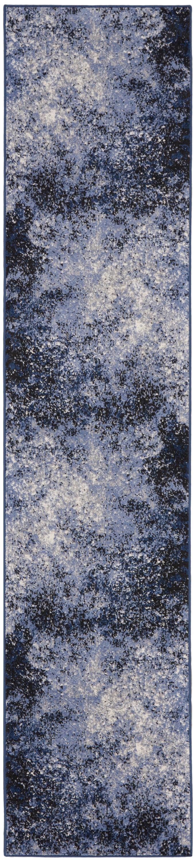Blue-gray abstract speckled 10' runner rug; long narrow rectangular floor mat with soft pile.