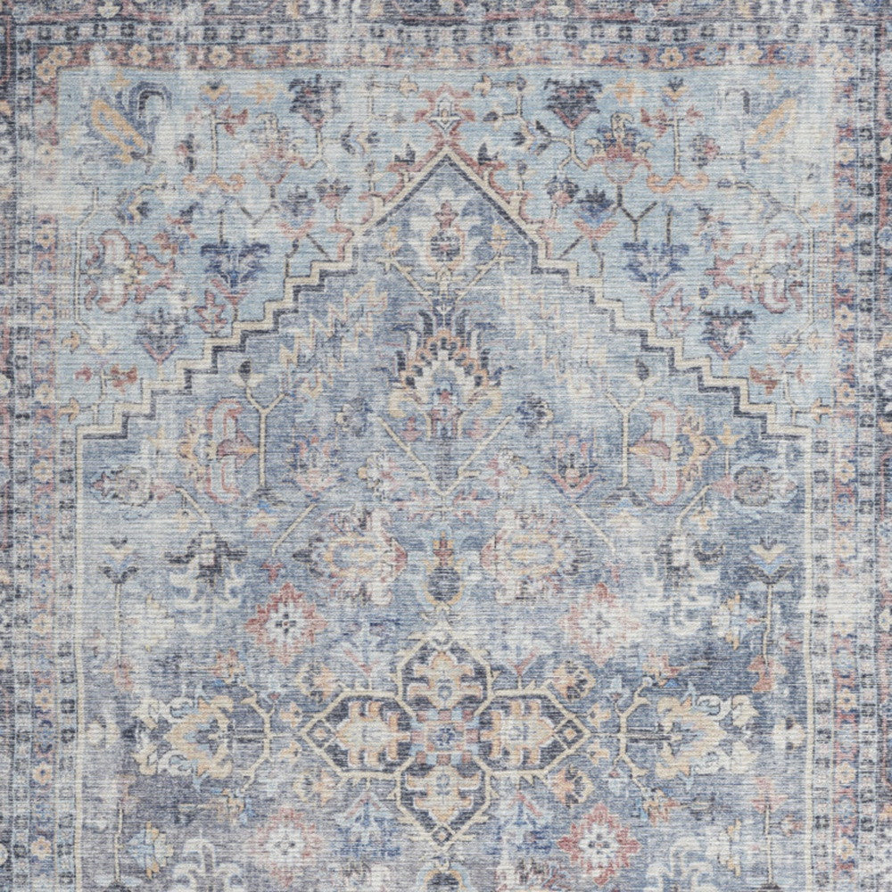 6' X 9' Light Grey And Blue Medallion Distressed Washable Area Rug