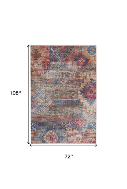6' X 9' Blue And Pink Southwestern Distressed Washable Area Rug