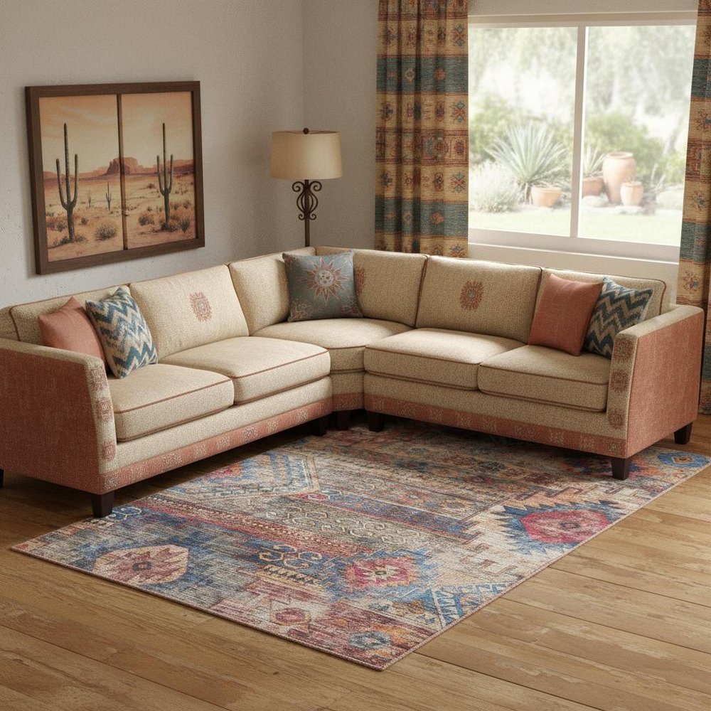 6' X 9' Blue And Pink Southwestern Distressed Washable Area Rug
