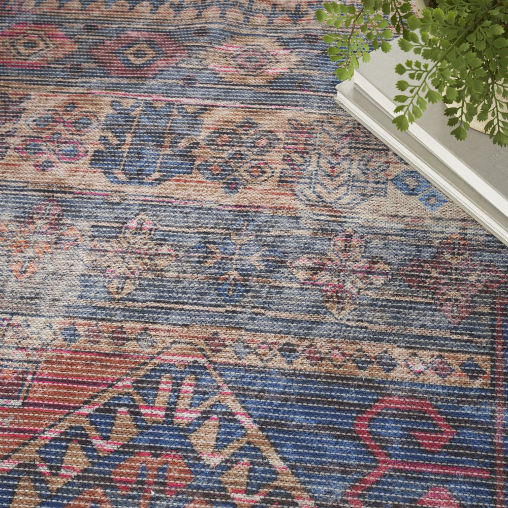 6' X 9' Blue And Pink Southwestern Distressed Washable Area Rug