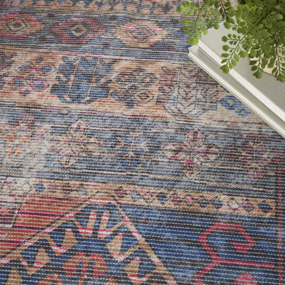 6' X 9' Blue And Pink Southwestern Distressed Washable Area Rug