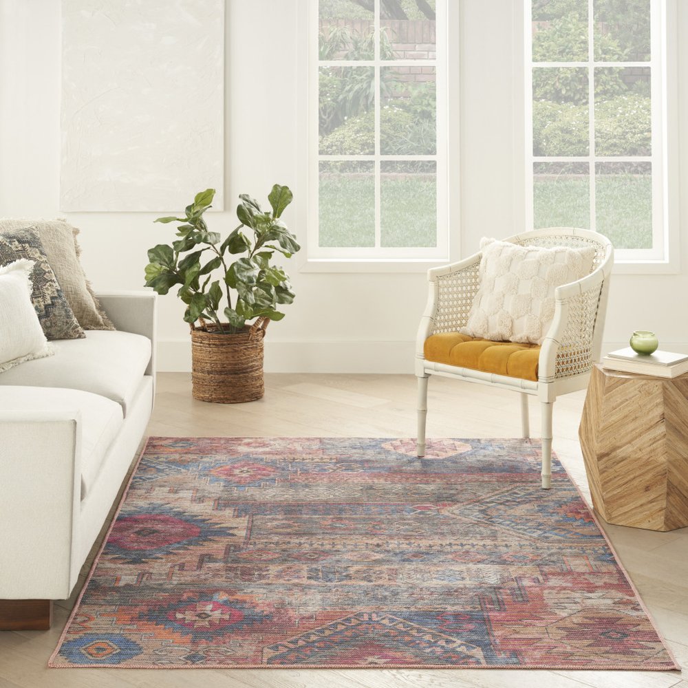 6' X 9' Blue And Pink Southwestern Distressed Washable Area Rug