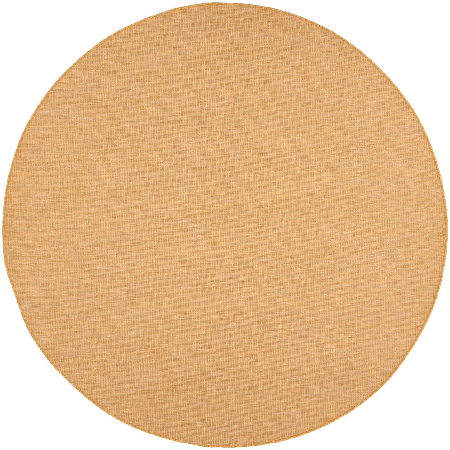 Round tan woven rug with a subtle textured surface, 8' diameter.