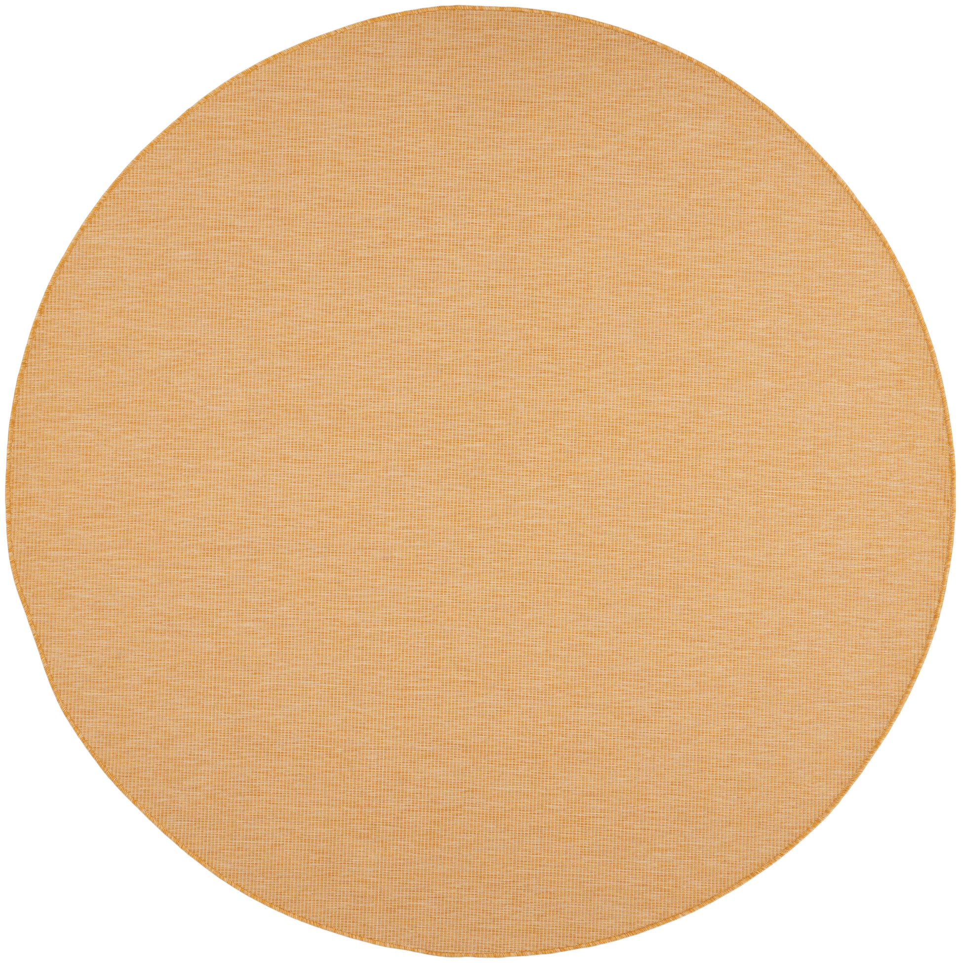 Round tan woven rug with a subtle textured surface, 8' diameter.