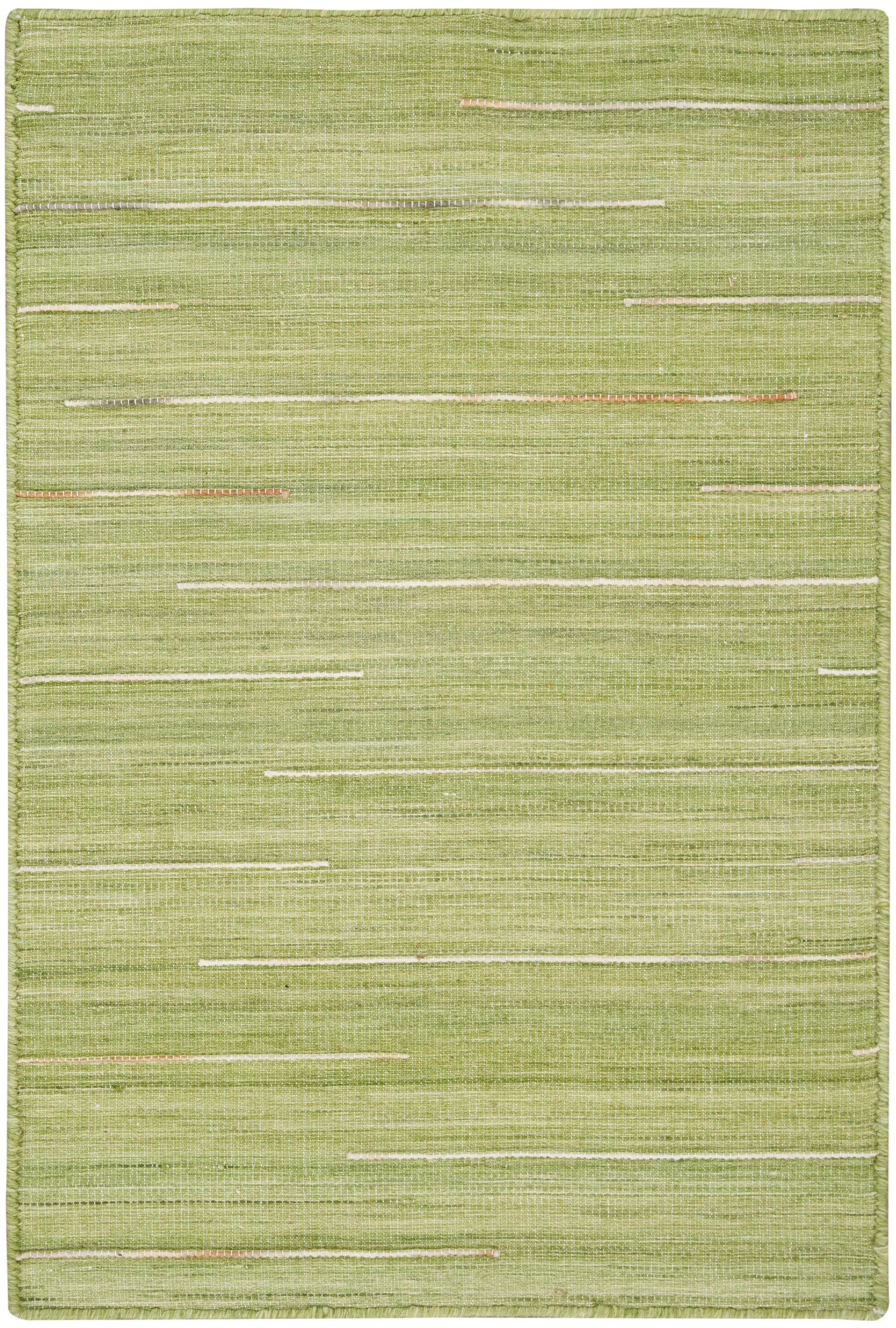Green flat-weave rug with subtle cream horizontal stripes and textured weave.