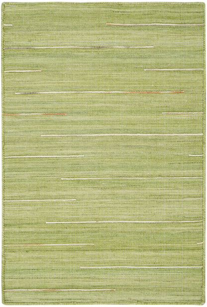 Green flat-weave rug with subtle cream horizontal stripes and textured weave.