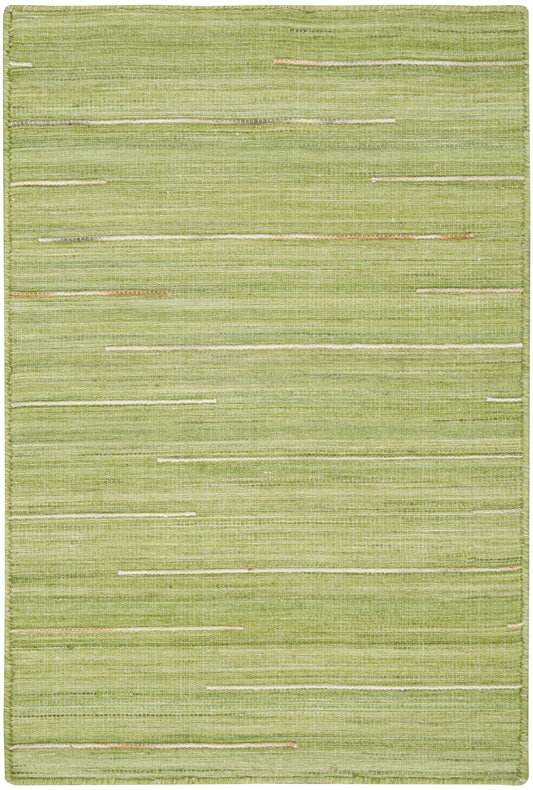 Green flat-weave rug with subtle cream horizontal stripes and textured weave.