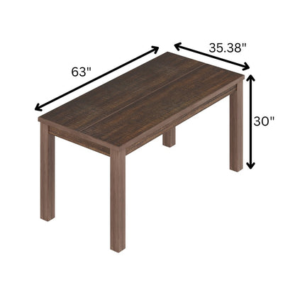 Rectangular dark wood dining table with lighter brown legs; plank top, 63" long, 35.38" wide, 30" high.