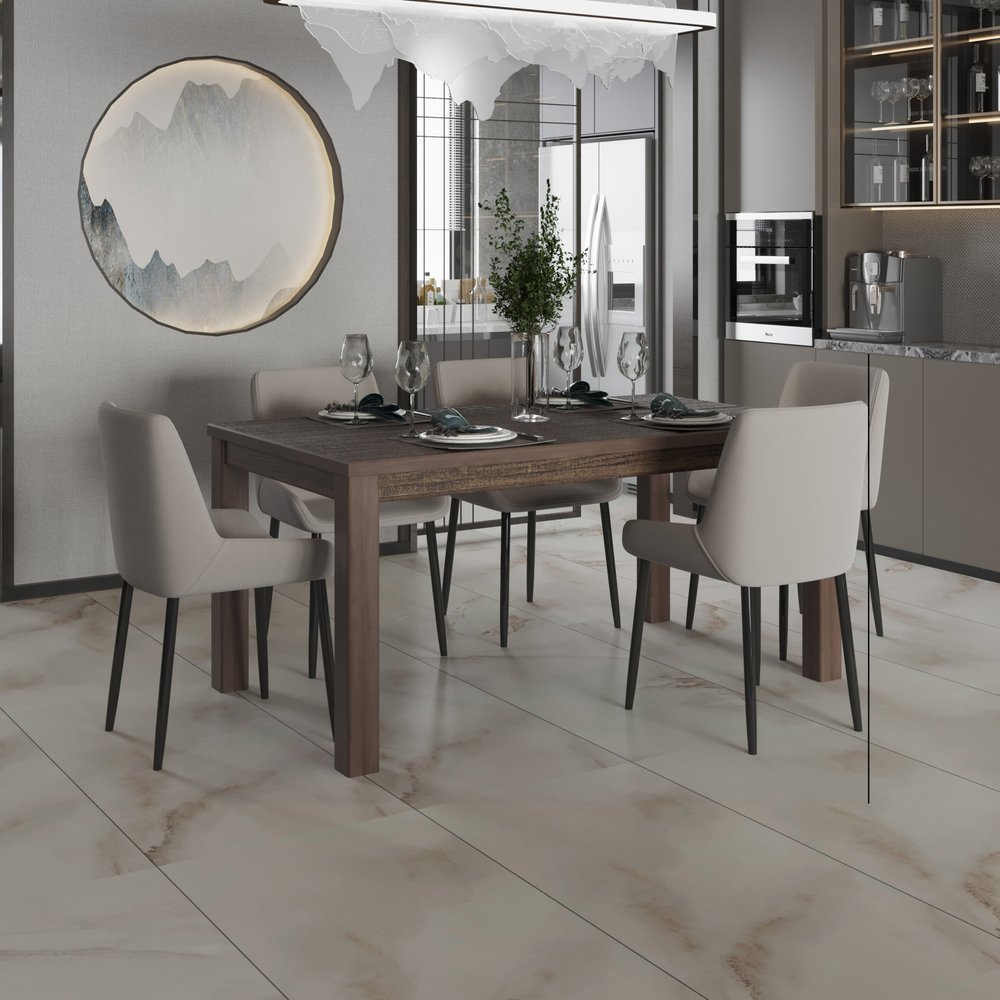 Dark wood dining table with beige upholstered chairs in a modern kitchen; round wall art, marble floor, elegant setting.