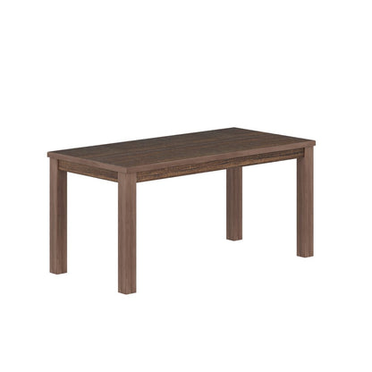 Rustic dark brown wooden dining table with rectangular top and four straight legs.