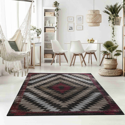 5' X 7' Brown And Red Geometric Area Rug