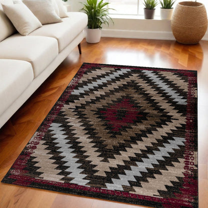 5' X 7' Brown And Red Geometric Area Rug