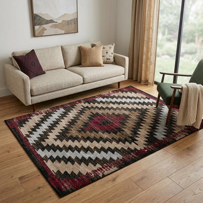 5' X 7' Brown And Red Geometric Area Rug
