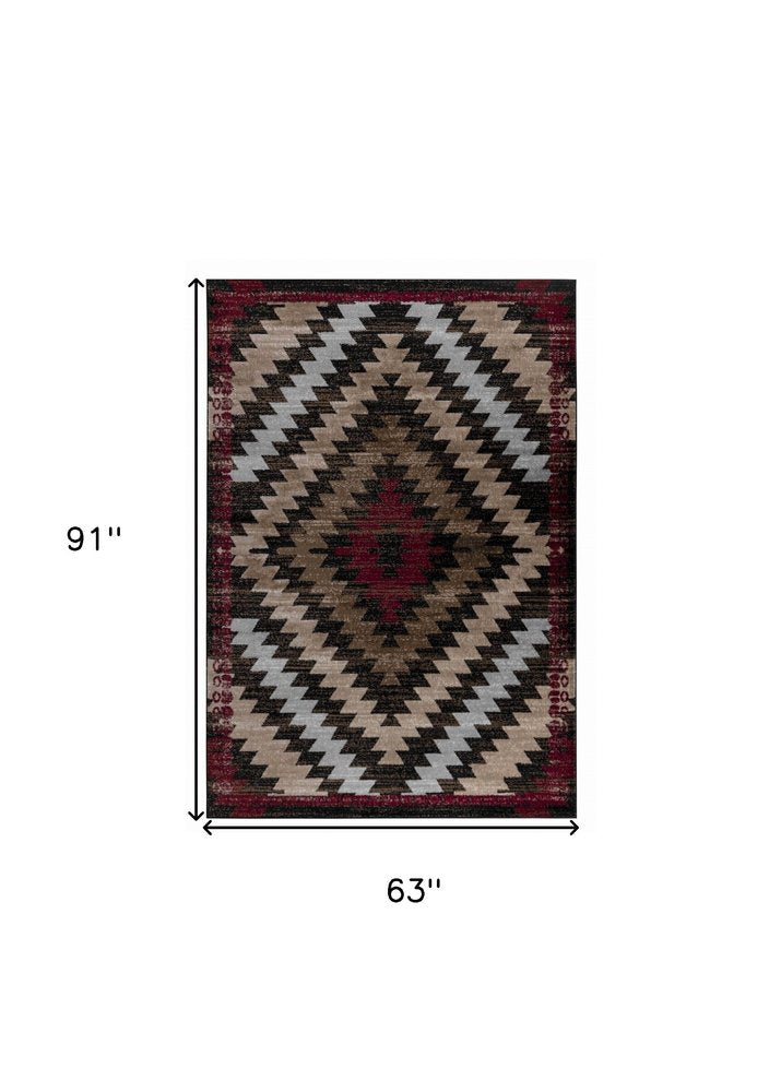 5' X 7' Brown And Red Geometric Area Rug