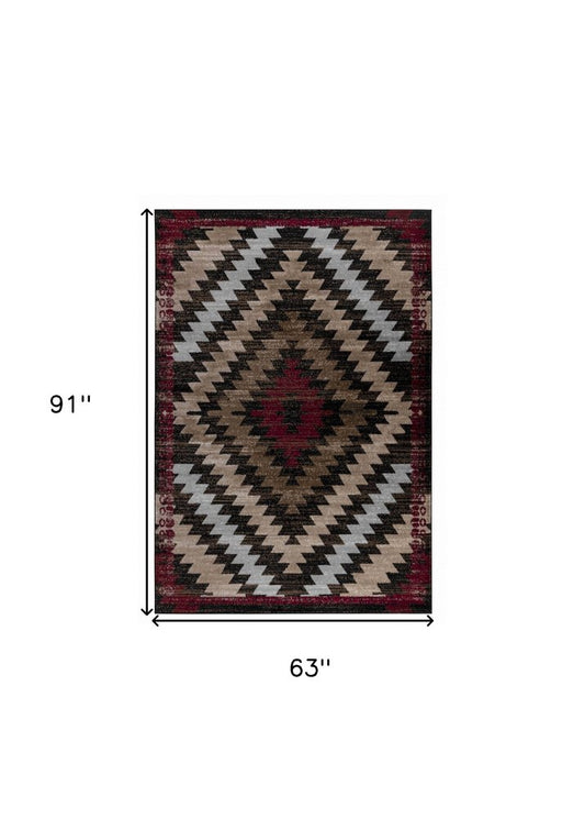 5' X 7' Brown And Red Geometric Area Rug