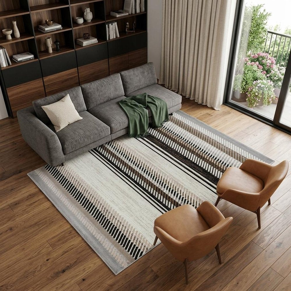 6' X 9' Beige And Brown Striped Area Rug