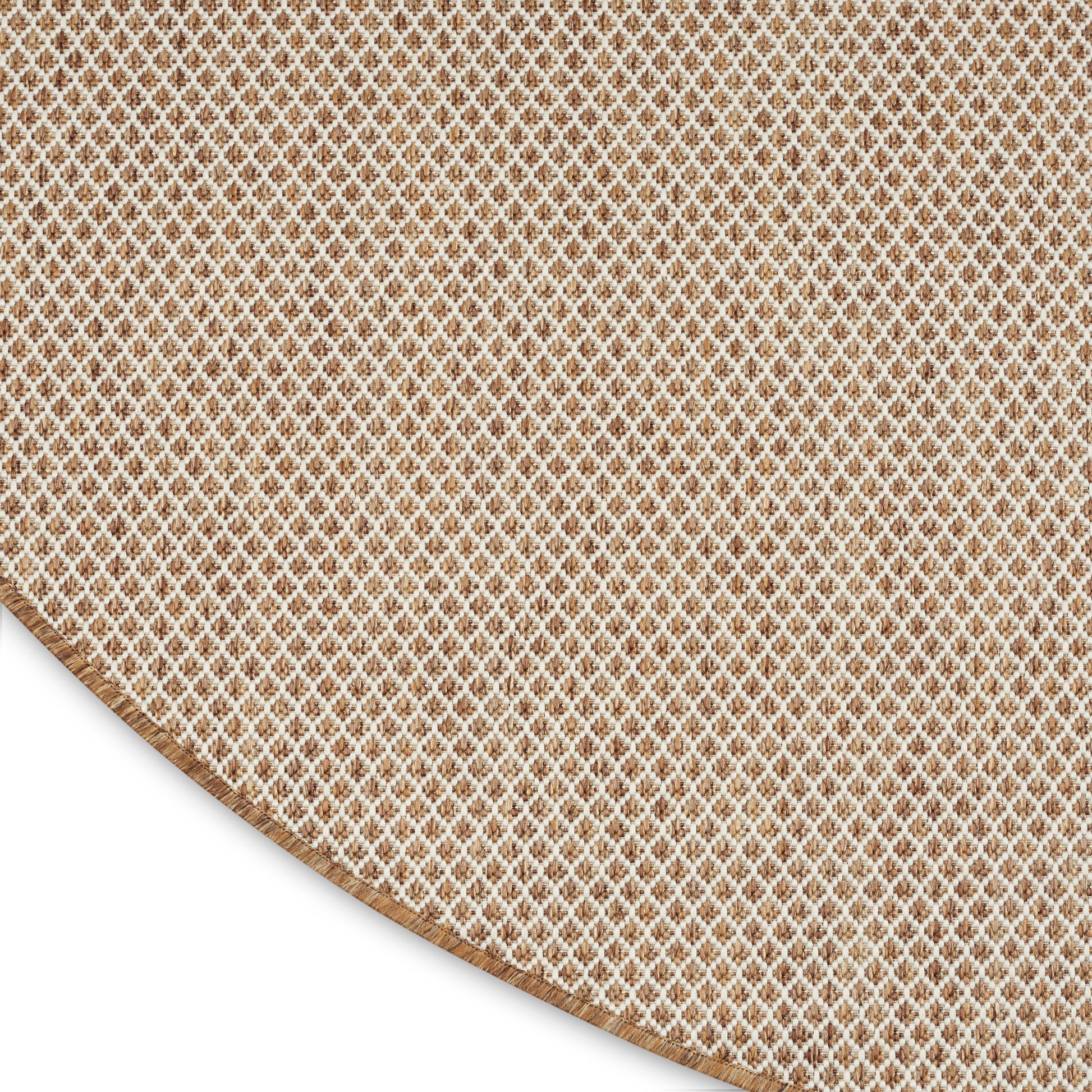 Beige rug with a soft gradient and a partial curved brown woven border along the bottom edge.