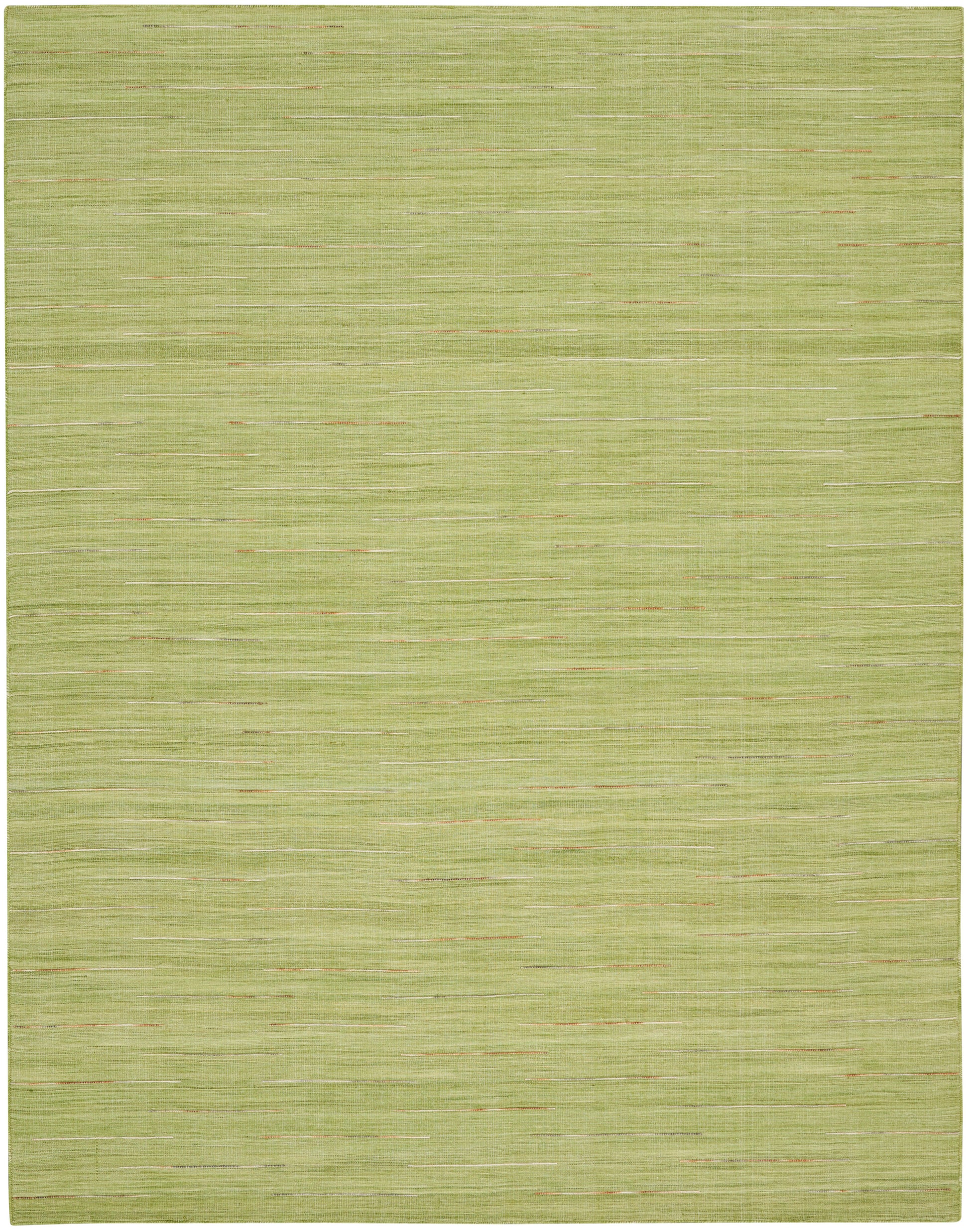Lime-green textured area rug with subtle horizontal streaks and tiny orange flecks.
