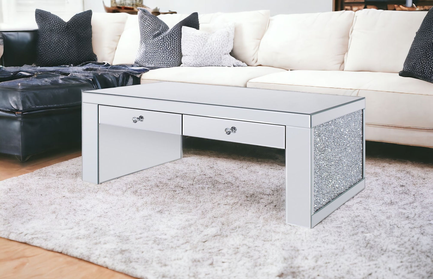 48" Silver Glass Mirrored Coffee Table With Two Drawers