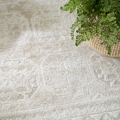 Beige patterned area rug with a green fern in a woven wicker basket