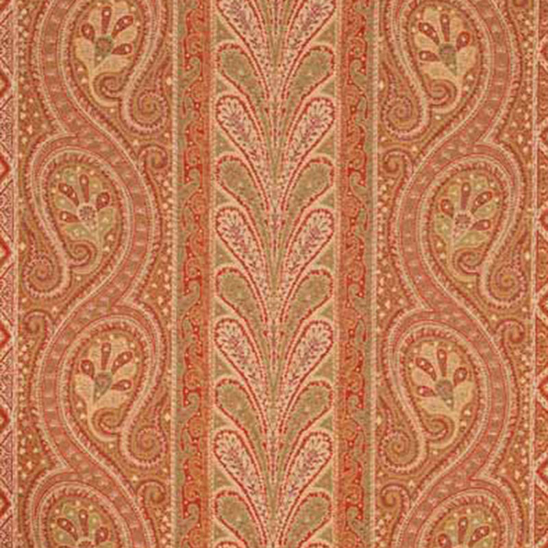 Warm red woven fabric with paisley scrolls and a central leafy vine motif in moss green and beige.