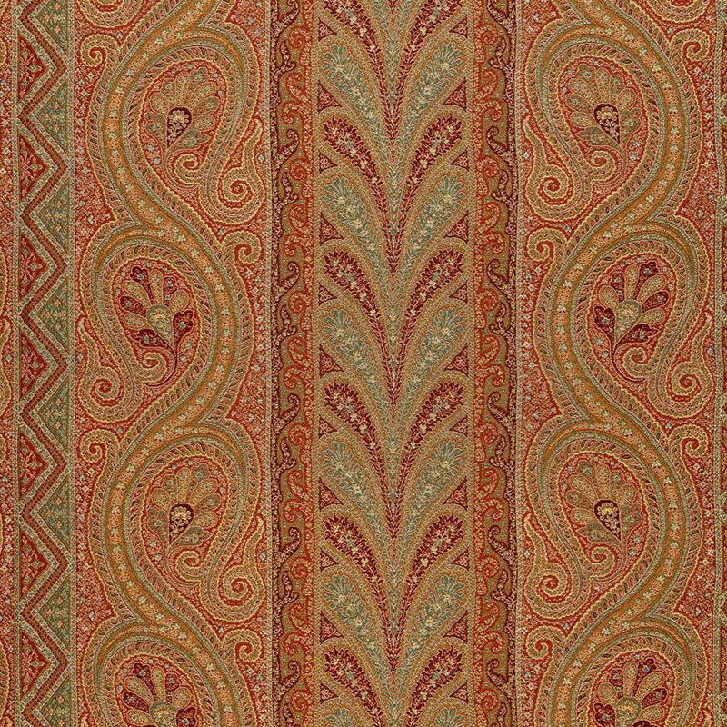 Intricate Persian-inspired textile pattern with rust, gold, and sage green paisleys and leafy motifs.