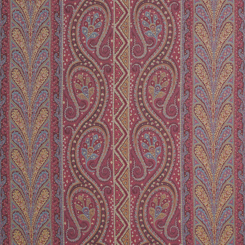 Magenta paisley-pattern woven fabric with gold and blue accents and fern borders