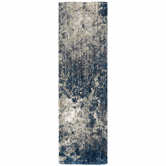 2' X 8' Blue And Grey Abstract Shag Power Loom Stain Resistant Runner Rug