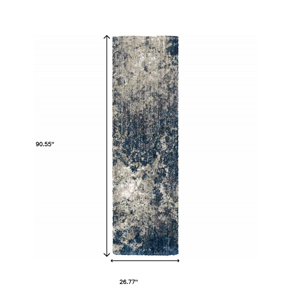 8' Blue And Gray Abstract Shag Runner Rug