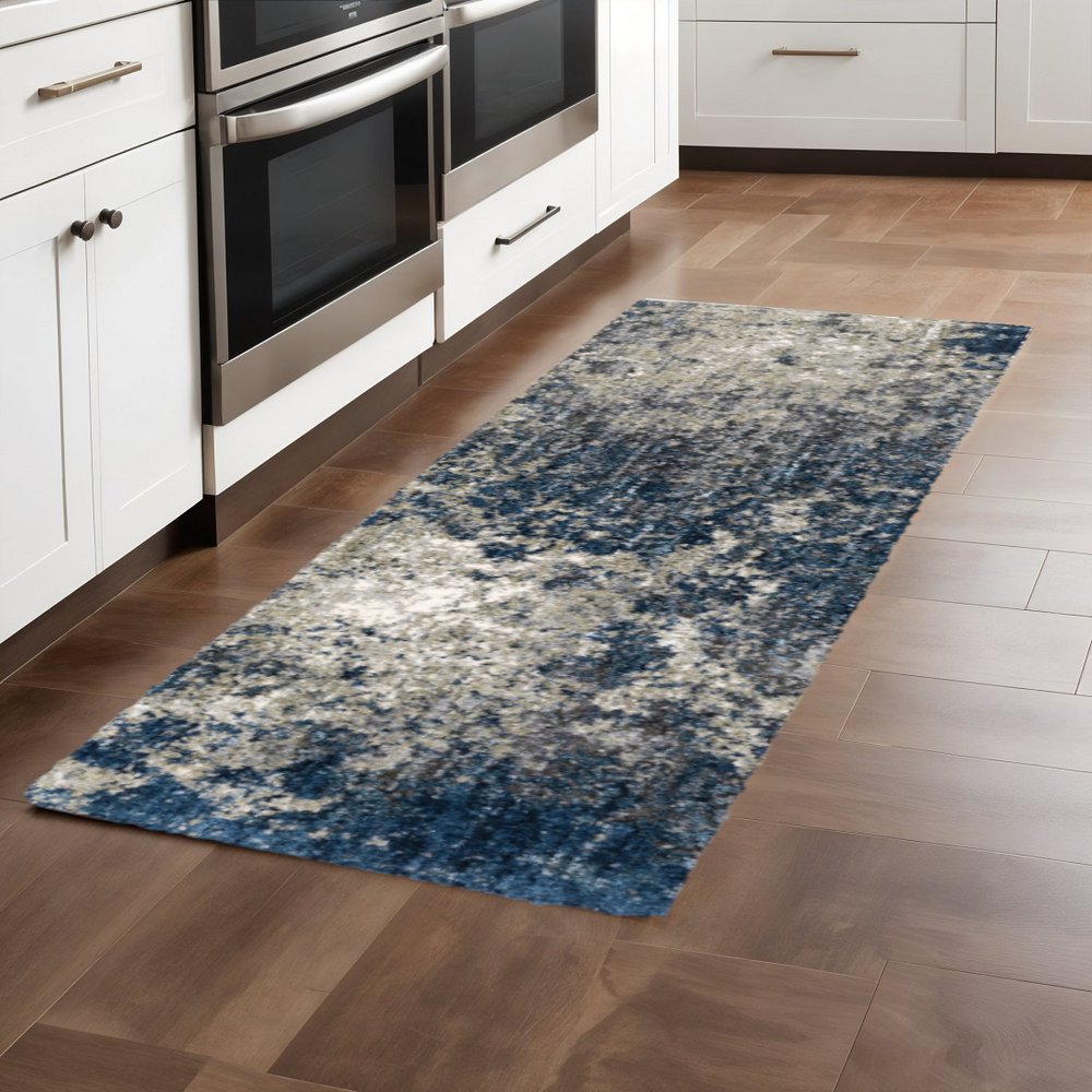 8' Blue And Gray Abstract Shag Runner Rug