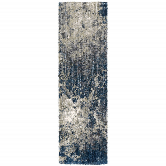 8' Blue And Gray Abstract Shag Runner Rug