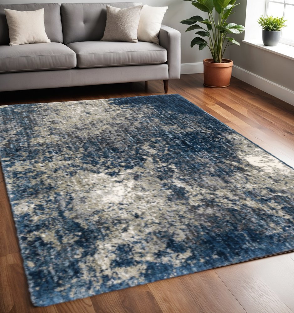 4' X 6' Blue And Grey Abstract Shag Power Loom Stain Resistant Area Rug
